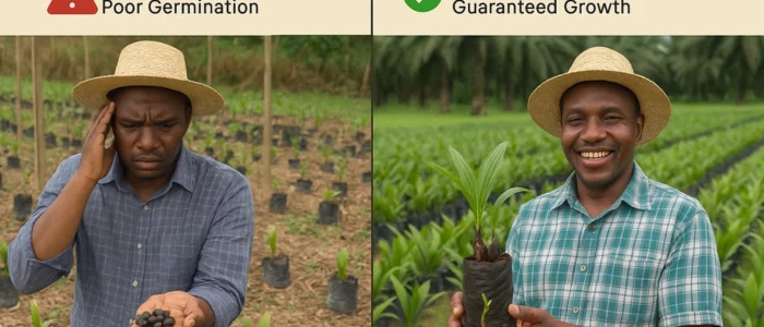 A Farmer with fake and certified oil palm seedling